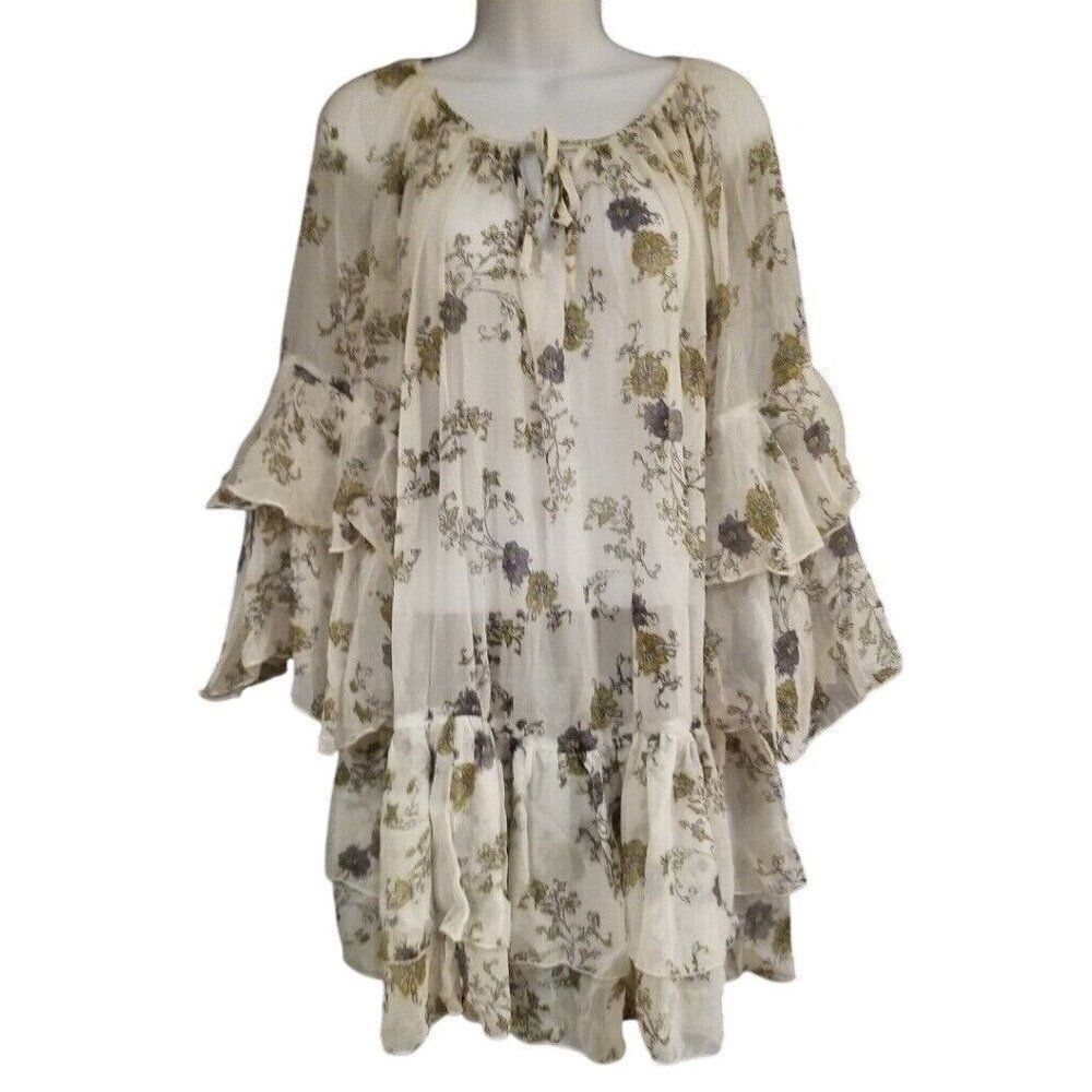Free People Ivory Comb Mini Dress Size XS Boho Hippie Sheer Bell Sleeve New